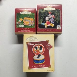 Mickey Mouse hallmark ornaments NIB school bus, new pair of skates & music & fun